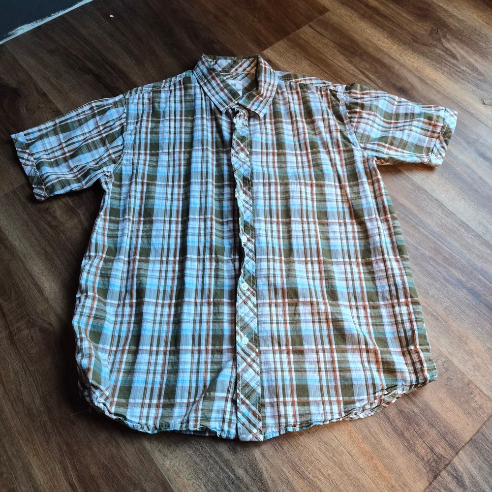 Pjmark Mens XL Plaid Button Down Shirt Short Sleeve‎ Cotton Olive Blue Gorpcore